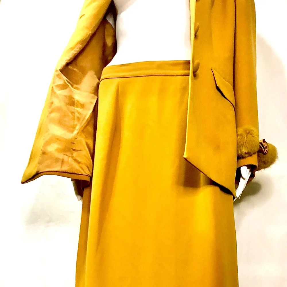MILANO Gold Button down Long sleeve Suit coat and midi skirt Fur Accents Luxe - Picture 5 of 7